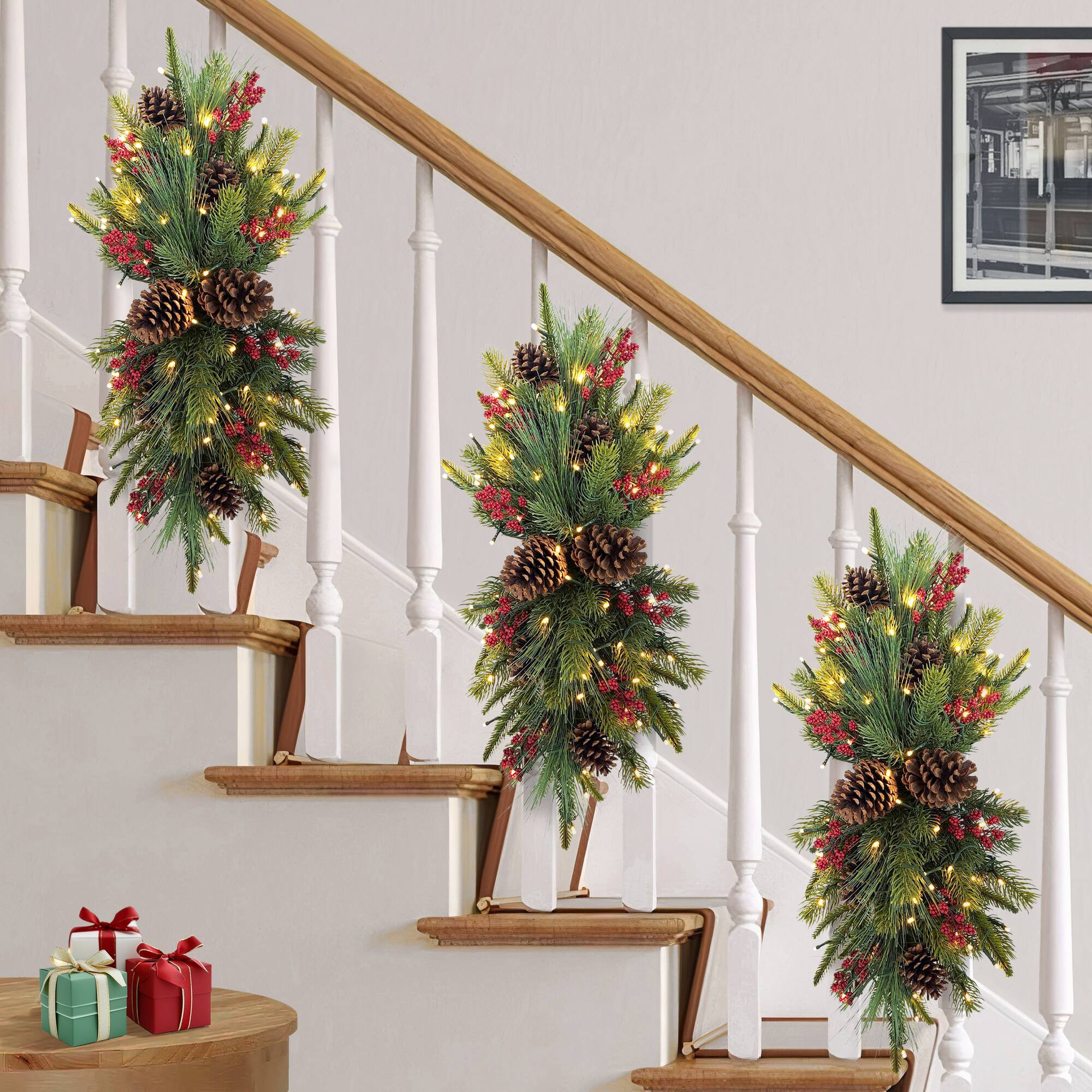 28" Pre-Lit Green Adorned Artificial Banister Swag with Pinecones & Berries